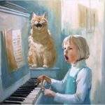 Девочка поёт песню, а кот подпевает